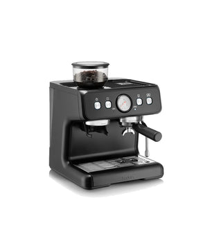Die Bodum Bistro 12459-01 Espressomaschine in Schwarz von Bodum verfügt über ein integriertes Mahlwerk und Bedientasten, ideal für aromatischen Espresso und Milchschaum. Gezeigt mit Kaffeebohnen auf der Oberseite.