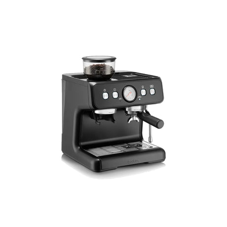 Die Bodum Bistro 12459-01 Espressomaschine in Schwarz von Bodum verfügt über ein integriertes Mahlwerk und Bedientasten, ideal für aromatischen Espresso und Milchschaum. Gezeigt mit Kaffeebohnen auf der Oberseite.