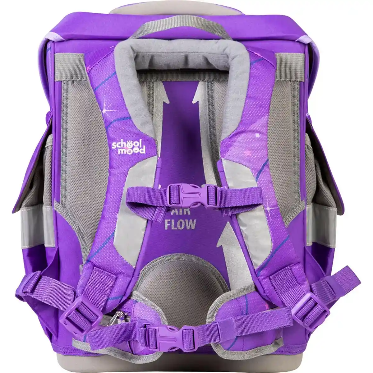 Rückansicht des School-Mood Timeless Schulranzen-Set 7-teilig - "Marie" in lila und grau, mit gepolsterten Trägern, Air Flow Schriftzug auf der Rückseite und Teil eines gebrandeten School-Mood Schulranzen-Sets.