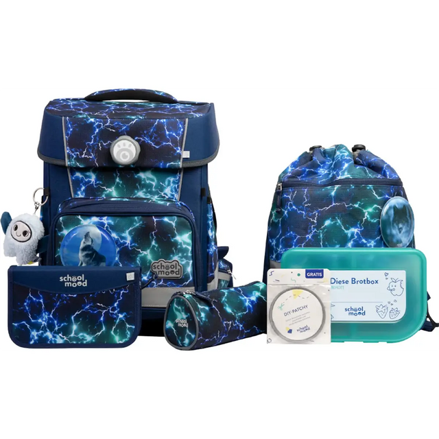 Ergonomisches Tragesystem: Das 7-teilige School-Mood Champion Schulranzen-Set "Felix" mit blauem Blitzmuster, Accessoires und türkisfarbener Brotdose ist ideal für die 1.-4. Klasse.
