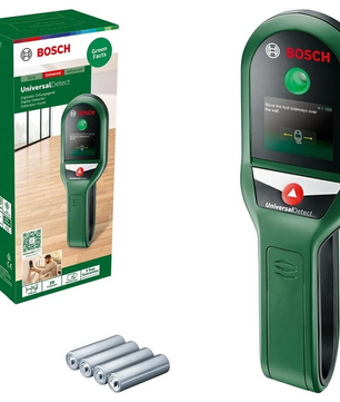 Bosch 603681301 Digitales Ortungsgerät mit Verpackung und vier AA-Batterien auf weißem Hintergrund - sorgt für sicheres Bohren und präzises Erkennen versteckter Leitungen.