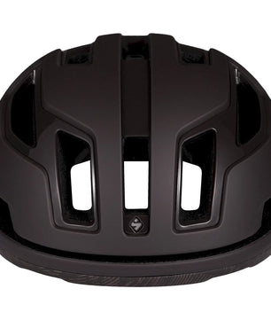 Der Sweet Protection Falconer 2Vi Helm in Größe M/L schwarz verfügt über große Belüftungsöffnungen und ist von vorne auf weißem Hintergrund abgebildet - ideal, um ihn mit Ihrem Vaude Brenta 28 oder einem anderen nachhaltigen Rucksack auf Ihrem nächsten Abenteuer zu kombinieren.