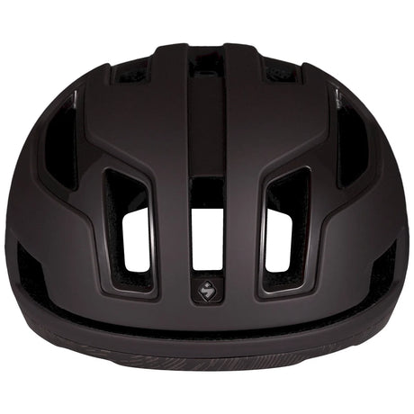 Der Sweet Protection Falconer 2Vi Helm in Größe M/L schwarz verfügt über große Belüftungsöffnungen und ist von vorne auf weißem Hintergrund abgebildet - ideal, um ihn mit Ihrem Vaude Brenta 28 oder einem anderen nachhaltigen Rucksack auf Ihrem nächsten Abenteuer zu kombinieren.