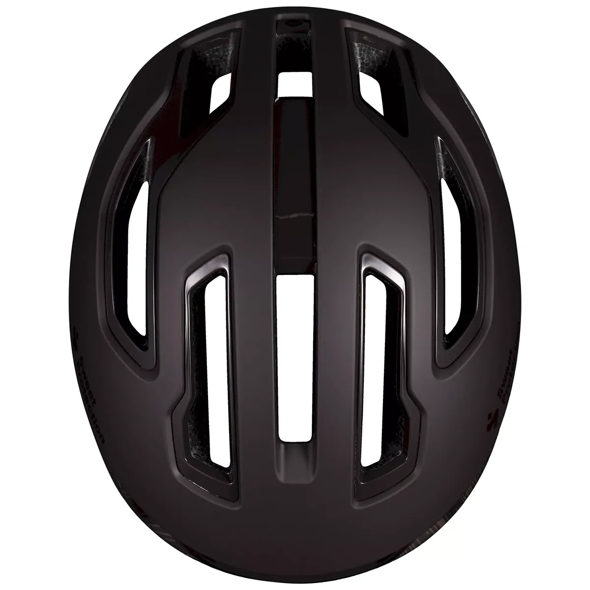 Draufsicht auf den Sweet Protection Falconer 2Vi Helm, Größe M/L in schwarz, mit großen rechteckigen Belüftungsöffnungen - eine ideale Ergänzung zum umweltfreundlichen Vaude Brenta 28 nachhaltiger Rucksack für nachhaltige Abenteuer.
