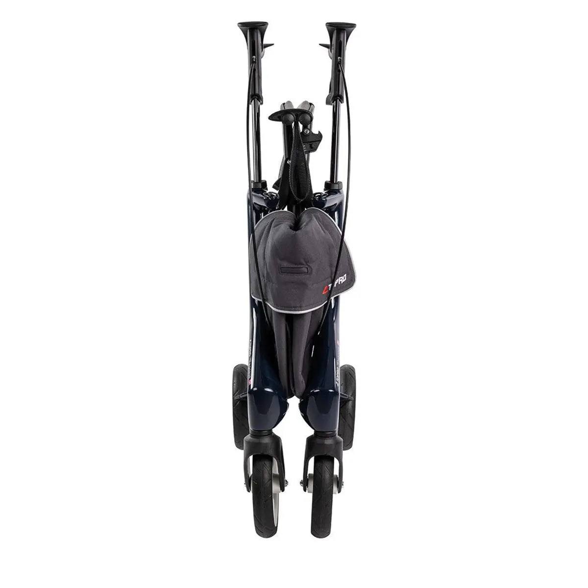 Ein zusammengeklappter blauer TOPRO Pegasus Carbon Rollator von Topro, von vorne gesehen, aufrecht stehend, mit ergonomischen Handgriffen für mehr Komfort und bessere Kontrolle.