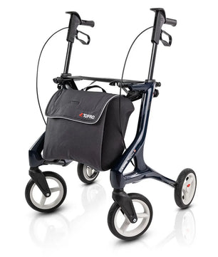 Der TOPRO Pegasus Carbon Rollator von Topro in Blau ist ein vierrädriger, leichter Rollator mit ergonomischen Handgriffen, der mit Handbremsen und einer schwarzen Aufbewahrungstasche am vorderen Rahmen ausgestattet ist.