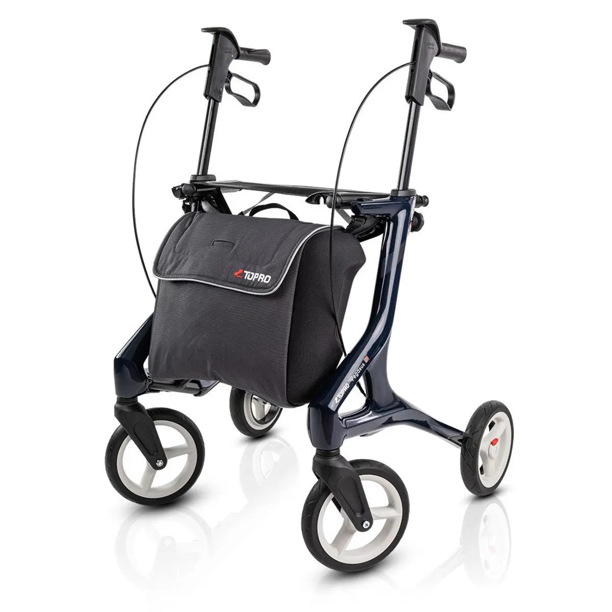 Der TOPRO Pegasus Carbon Rollator von Topro in Blau ist ein vierrädriger, leichter Rollator mit ergonomischen Handgriffen, der mit Handbremsen und einer schwarzen Aufbewahrungstasche am vorderen Rahmen ausgestattet ist.