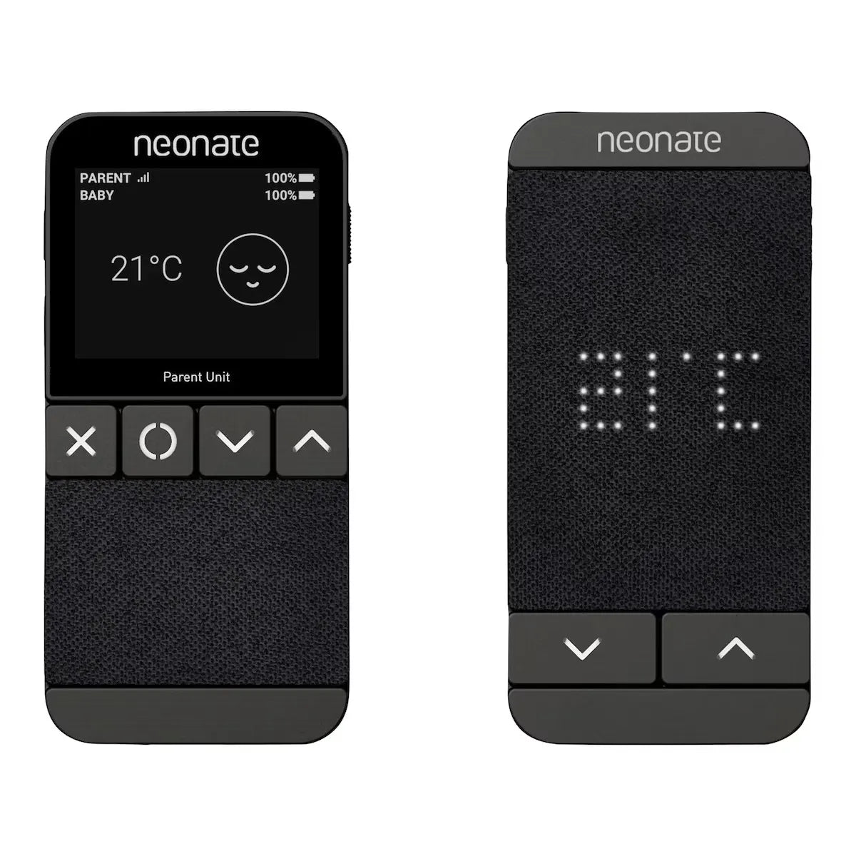Das Babyphone „Neonate N65 2.0“ in Schwarz von Neonate verfügt über zwei schwarze Digitalanzeigen, auf denen 21 °C und Akkusymbole angezeigt werden, sowie über Pfeil- und Kreistasten unterhalb der Bildschirme. Dank der FHSS-Technologie bieten diese strahlungsarmen Babyphones eine sichere Verbindung, damit Sie beruhigt sein können.
