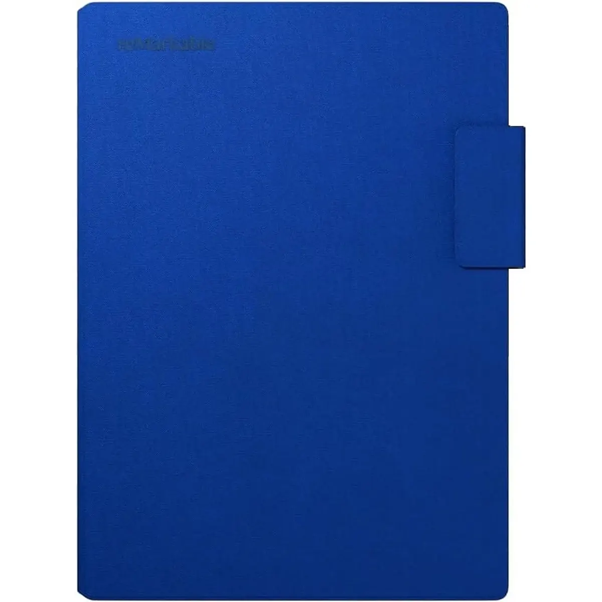 Eine geschlossene blaue Schutzhülle für Tablets oder E-Reader mit einer Klappe auf der rechten Seite, die sich durch ein schlichtes und minimalistisches Design in der eleganten Ausführung „reMarkable Book Folio Schutzhülle – blau“ auszeichnet, wie sie von reMarkable angeboten wird.