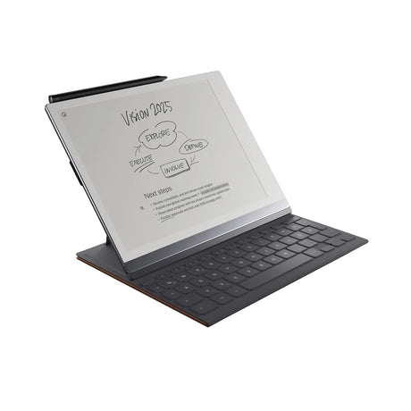 Tablet mit abnehmbarer Tastatur mit "Vision 2025"-Diagramm, gepaart mit der reMarkable Type Folio RM712 Tastatur-Hülle in Sepia Braun von reMarkable für besseren Schutz und Schreibkomfort.