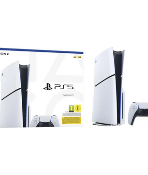 Die Sony PlayStation 5 Slim Disc Edition – weiß, inklusive Ultra-HD-Blu-ray-Laufwerk, Controller und Verkaufsverpackung, ist auf einem weißen Hintergrund abgebildet.