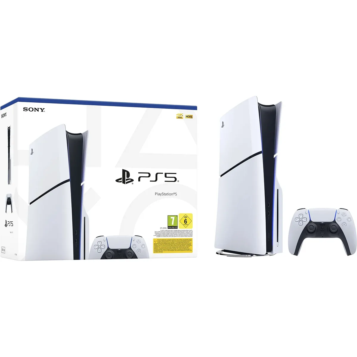 Die Sony PlayStation 5 Slim Disc Edition – weiß, inklusive Ultra-HD-Blu-ray-Laufwerk, Controller und Verkaufsverpackung, ist auf einem weißen Hintergrund abgebildet.