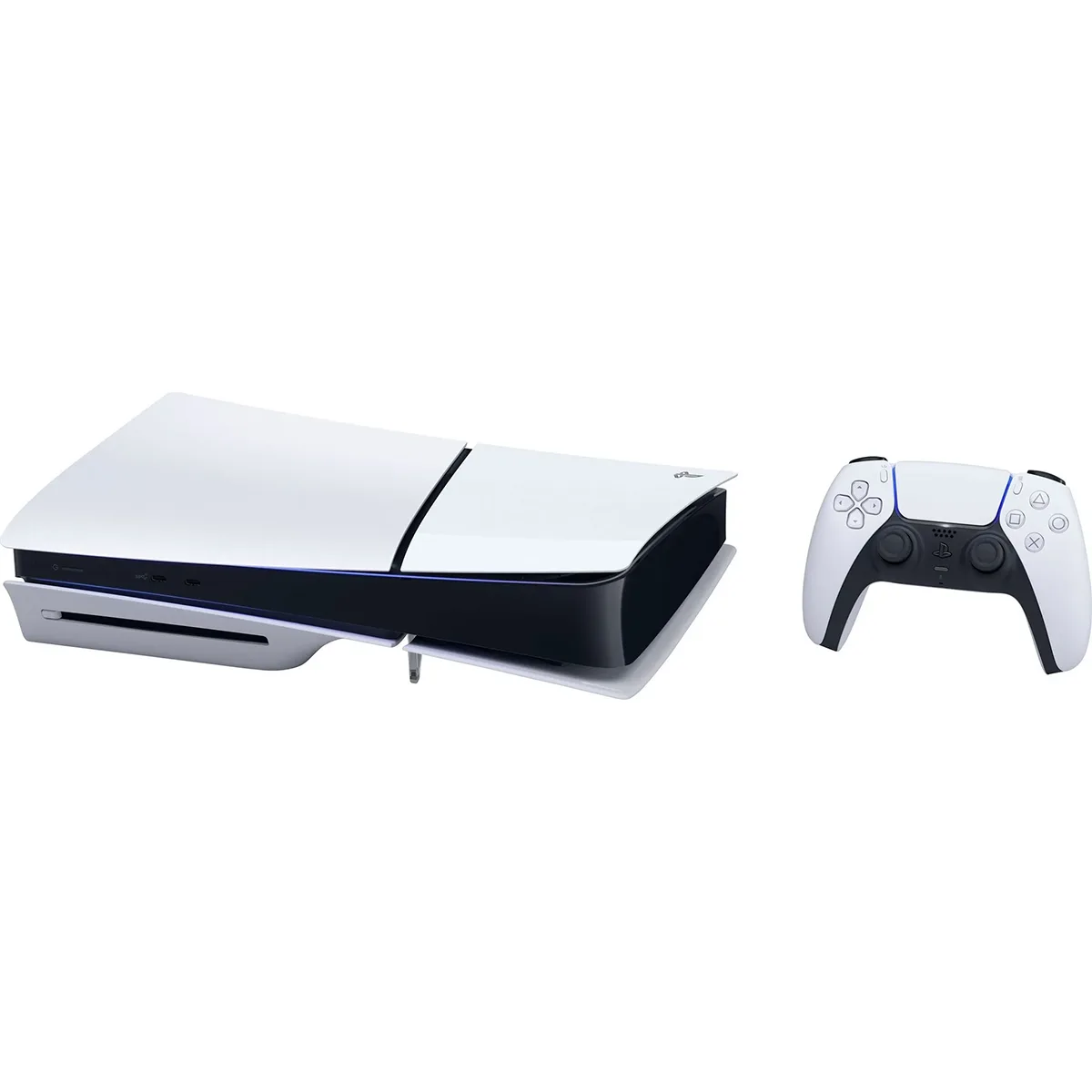 Eine Sony PlayStation 5 Slim Disc Edition – weiß von Sony, komplett mit einem passenden weißen Wireless-Controller, ist vor einem weißen Hintergrund abgebildet. Diese elegante Konsole verfügt über ein Ultra-HD-Blu-ray-Laufwerk und wird von dem fortschrittlichen AMD Ryzen Zen 2-Prozessor angetrieben, der für eine herausragende Gaming-Leistung sorgt.