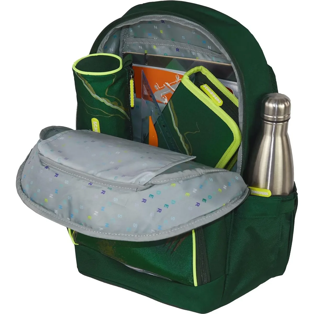 Das Schneiders Ergojet Dino olive Schulranzen-Set (6-teilig) lässt sich aufklappen und offenbart im Inneren Hefte, einen Ordner, ein Federmäppchen und eine Trinkflasche aus Metall - ideal für jeden Grundschüler.