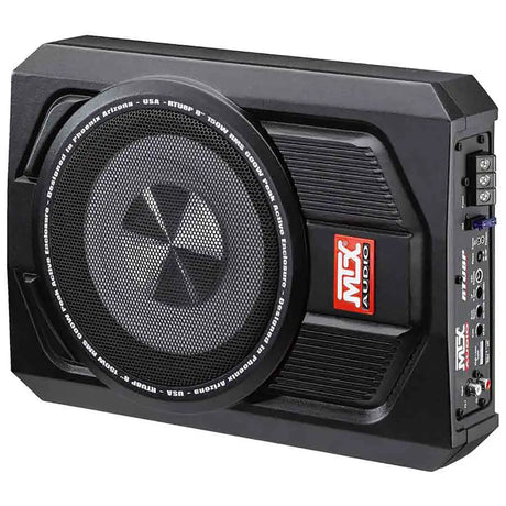 Der MTX Audio RTU8P Subwoofer – schwarz ist ein kompakter Subwoofer von MTX Audio mit Bedienfeld und seitlichem Logo, abgebildet vor weißem Hintergrund – ideal als aktiver Auto-Subwoofer.