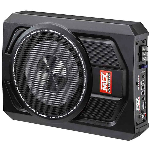 Der MTX Audio RTU8P Subwoofer – schwarz ist ein kompakter Subwoofer von MTX Audio mit Bedienfeld und seitlichem Logo, abgebildet vor weißem Hintergrund – ideal als aktiver Auto-Subwoofer.