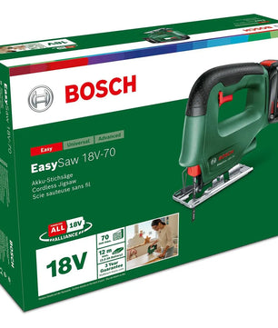Die Bosch EasySaw 18V-70 Akku-Stichsäge-Box zeigt Produktbilder und Spezifikationen - perfekt, wenn Sie eine Bosch-Stichsäge kaufen möchten.