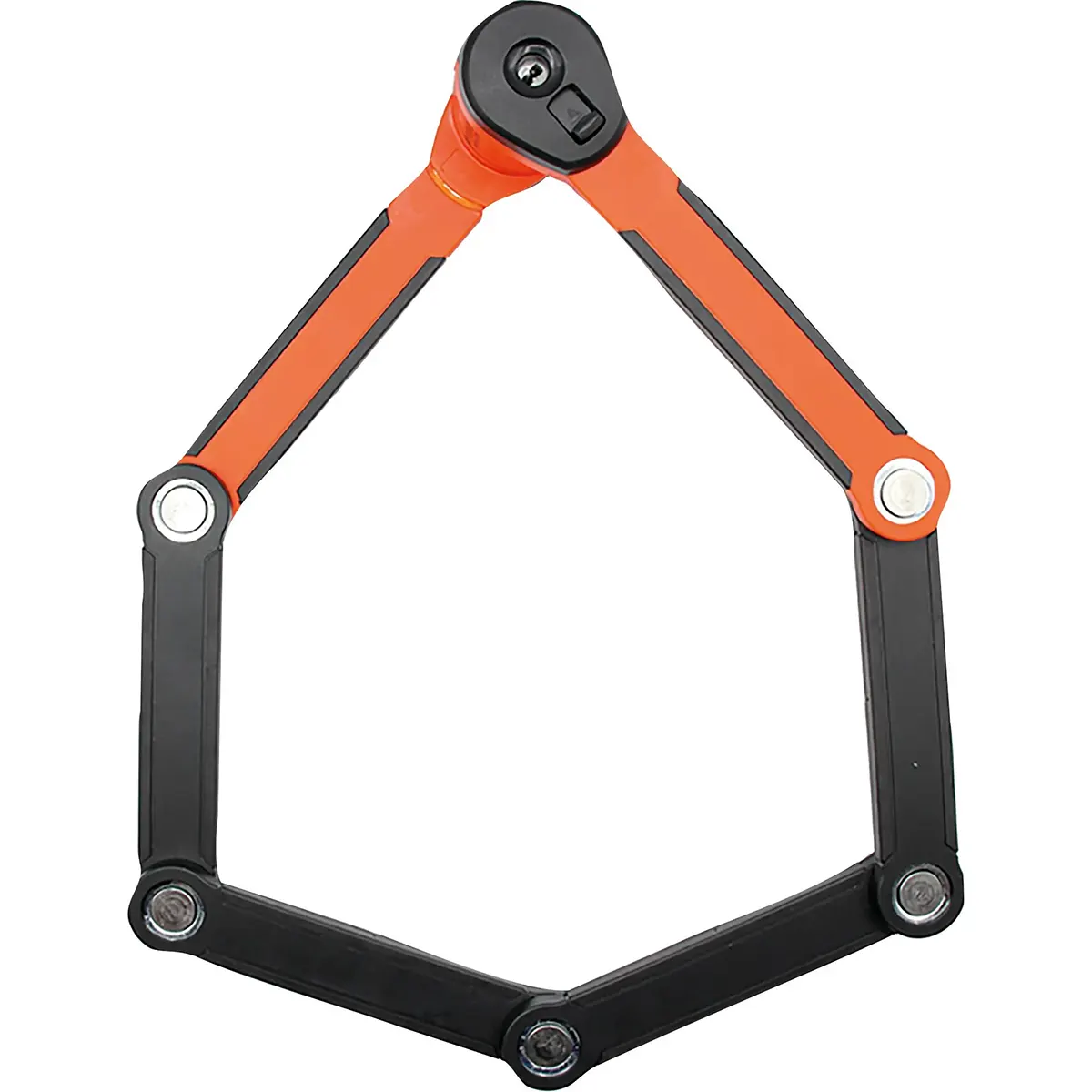 Das Kryptonite Evolution 790 Faltschloss – orange von Kryptonite ist ein faltbares Fahrradschloss in Schwarz und Orange aus gehärtetem Stahl in sechseckiger Form, das mit einem Schlüsselloch und einer praktischen Rahmenhalterung zur einfachen Befestigung an Ihrem Fahrrad ausgestattet ist.