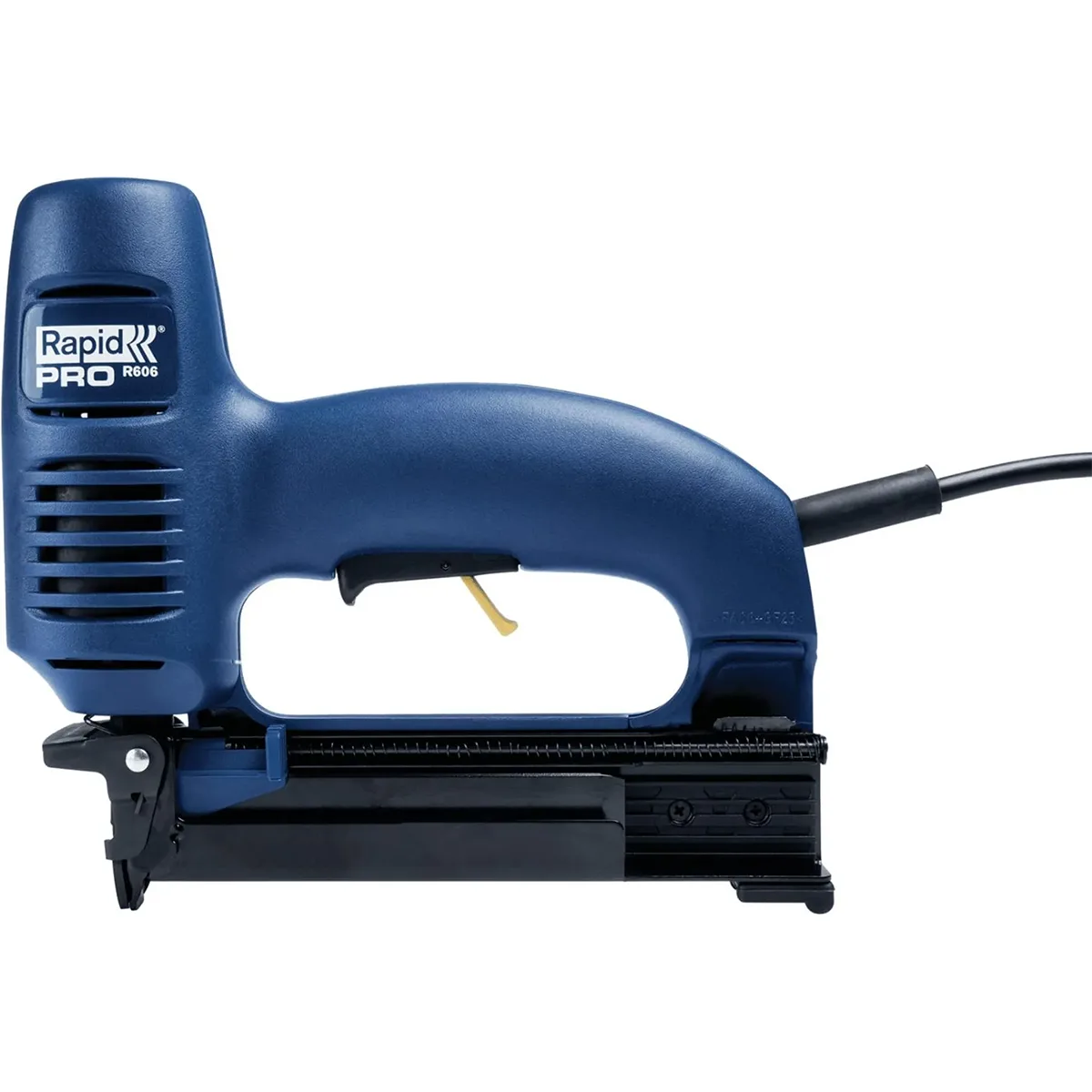 Der RAPID Pro R606 Elektrotacker in blau von RAPID verfügt über einen schwarzen Auslöser, Kabel und eine praktische Schlagkraftregulierung für professionelle Heftaufgaben.