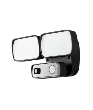 Konstsmide Smartlight 7869-750 Kameraleuchte in Schwarz von Konstsmide: Außenbeleuchtung mit zwei rechteckigen LED-Lampen, integrierter Überwachungskamera und Bewegungssensor.