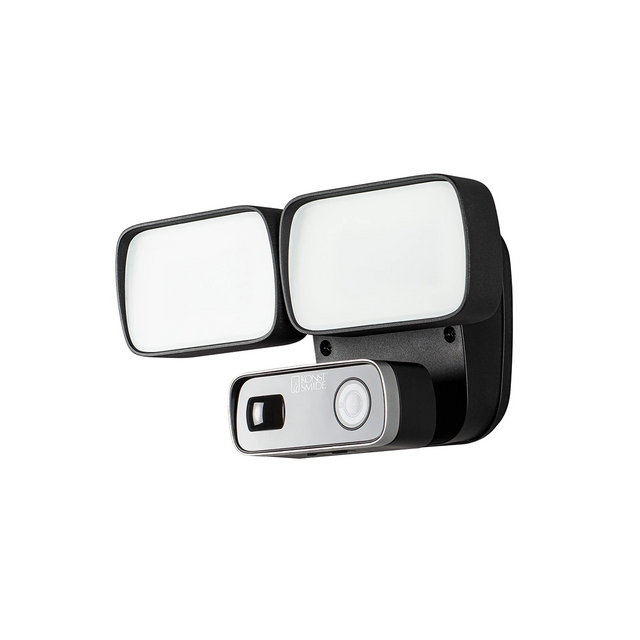 Konstsmide Smartlight 7869-750 Kameraleuchte in Schwarz von Konstsmide: Außenbeleuchtung mit zwei rechteckigen LED-Lampen, integrierter Überwachungskamera und Bewegungssensor.