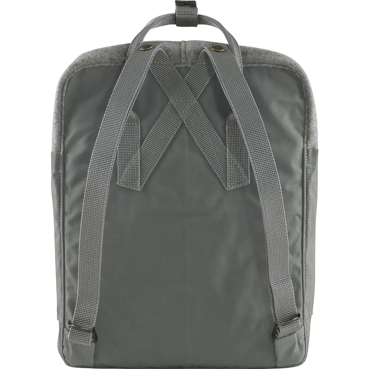 Der Fjällräven Kånken Re-Wool Rucksack in Grau von Fjällräven ist von hinten abgebildet und verfügt über gepolsterte Träger und einen Griff an der Oberseite. Er ist aus recycelter Wolle gefertigt und hat einen weißen Hintergrund.