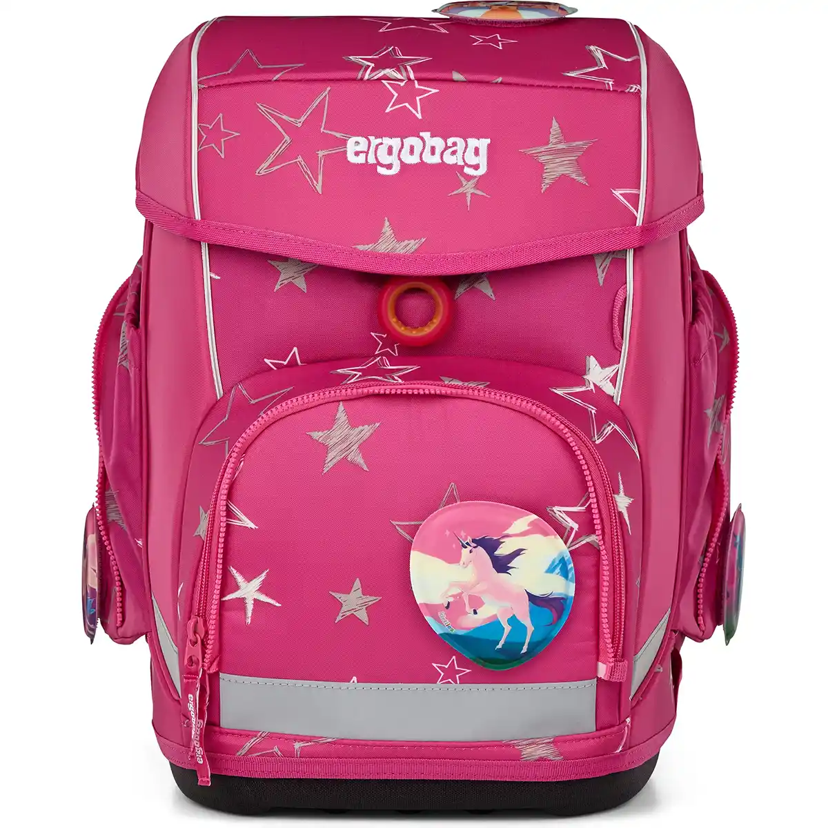 Der ergobag Cubo Set (2025) SternzauBär von ergobag ist ein knallpinker Schulrucksack mit silbernen Sternen, Einhorn-Abzeichen und Your-Size-System für eine perfekte Passform - ein ergonomischer Schulrucksack ideal für Grundschulkinder.