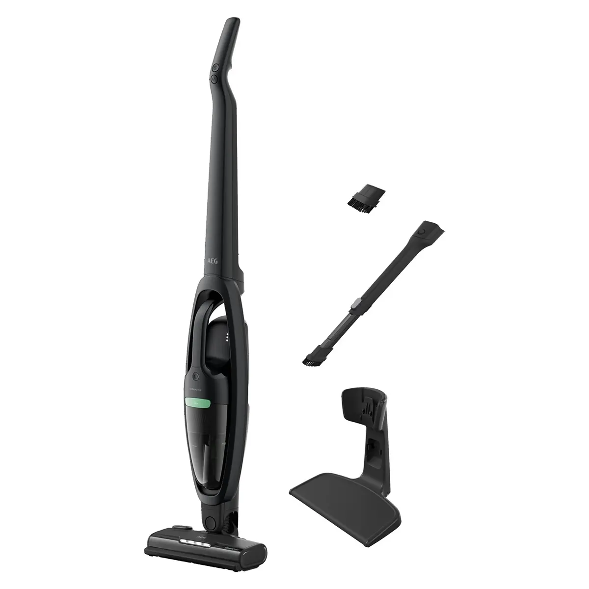 AEG CLEAN 5000 AS52B21OKO Akku-Staubsauger in Schwarz, ein 2-in-1-Stabstaubsauger mit abnehmbaren Teilen und Ladestation, präsentiert vor weißem Hintergrund.