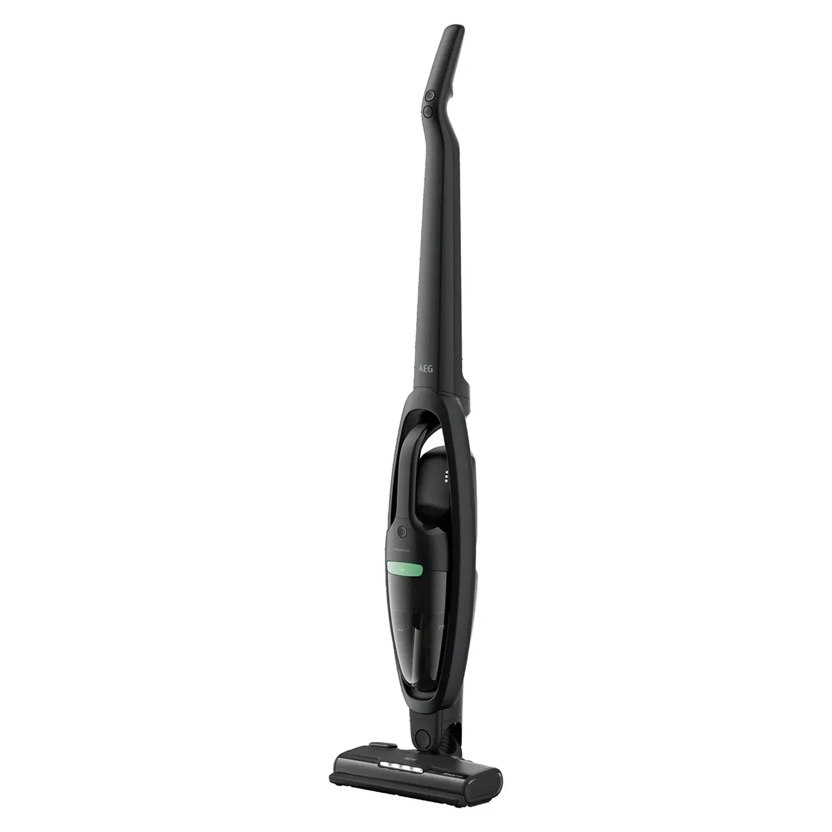 Der AEG CLEAN 5000 AS52B21OKO Akku-Staubsauger in Schwarz steht aufrecht vor einem weißen Hintergrund und präsentiert sein elegantes, kabelloses Design für bequemes und effizientes Saugen.