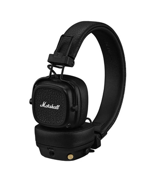 Marshall Major V On-Ear-Kopfhörer – schwarz von Marshall mit strukturierten Ohrmuscheln und sichtbarem Logo auf weißem Hintergrund – bieten erstklassige Klangqualität und eine lange Akkulaufzeit für kabellosen Musikgenuss.