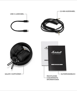 Schwarze Marshall Major V On-Ear-Kopfhörer von Marshall mit USB-C-Kabel, Audiokabel und zwei Booklets auf weißem Hintergrund, alle mit deutschen Beschriftungen. Genieße die lange Akkulaufzeit dieser Kopfhörer von Marshall für stundenlangen Musikgenuss.