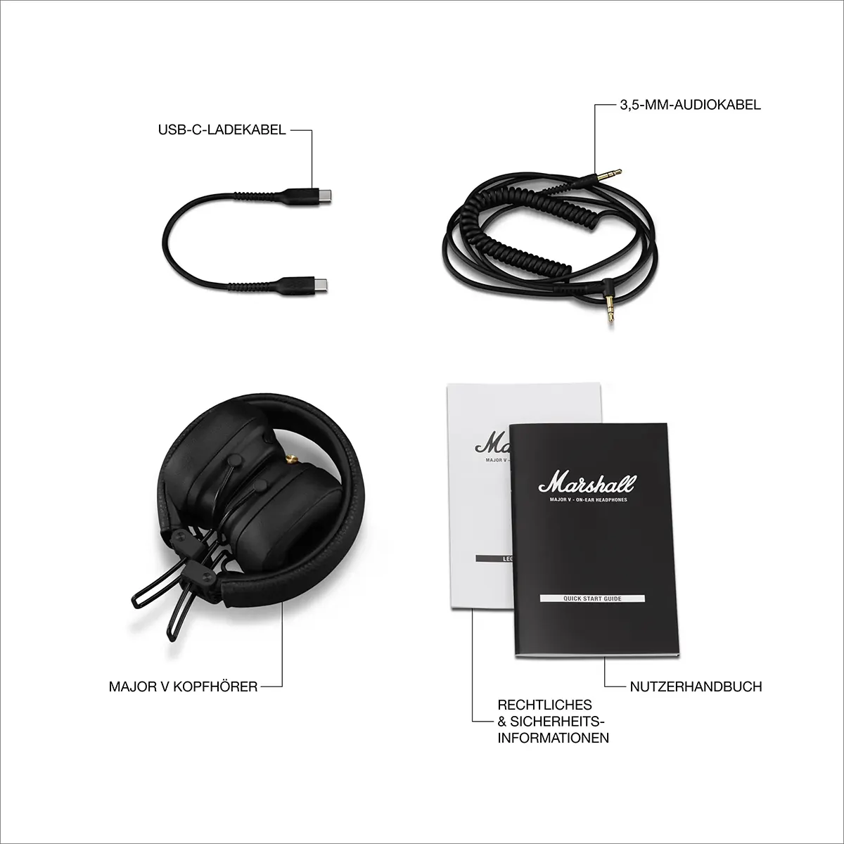Schwarze Marshall Major V On-Ear-Kopfhörer von Marshall mit USB-C-Kabel, Audiokabel und zwei Booklets auf weißem Hintergrund, alle mit deutschen Beschriftungen. Genieße die lange Akkulaufzeit dieser Kopfhörer von Marshall für stundenlangen Musikgenuss.