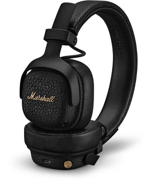 Marshall Milton A.N.C. On-Ear-Kopfhörer – schwarz von Marshall mit strukturierten Ohrmuscheln und goldfarbenem Logo, ausgestattet mit aktiver Geräuschunterdrückung und langer Akkulaufzeit, abgebildet auf weißem Hintergrund.