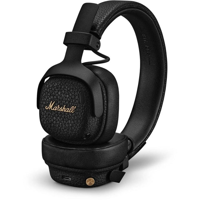 Marshall Milton A.N.C. On-Ear-Kopfhörer – schwarz von Marshall mit strukturierten Ohrmuscheln und goldfarbenem Logo, ausgestattet mit aktiver Geräuschunterdrückung und langer Akkulaufzeit, abgebildet auf weißem Hintergrund.