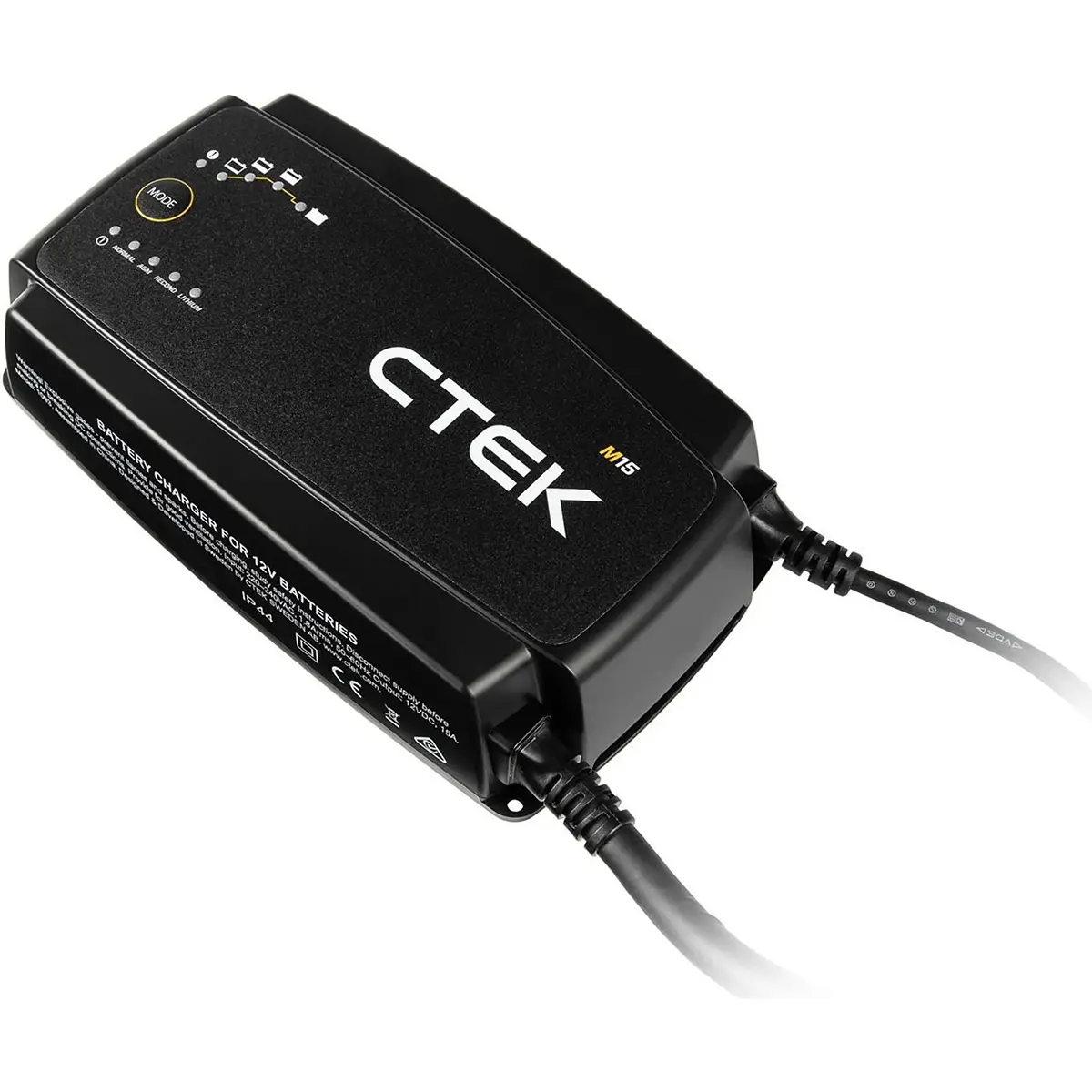 Das CTEK M15 Batterieladegerät – schwarz von CTEK verfügt über sichtbare Kabel und Kontrollleuchten, eignet sich ideal für Bootsbesitzer und ist mit 12-V-Lithium-Batterien kompatibel.