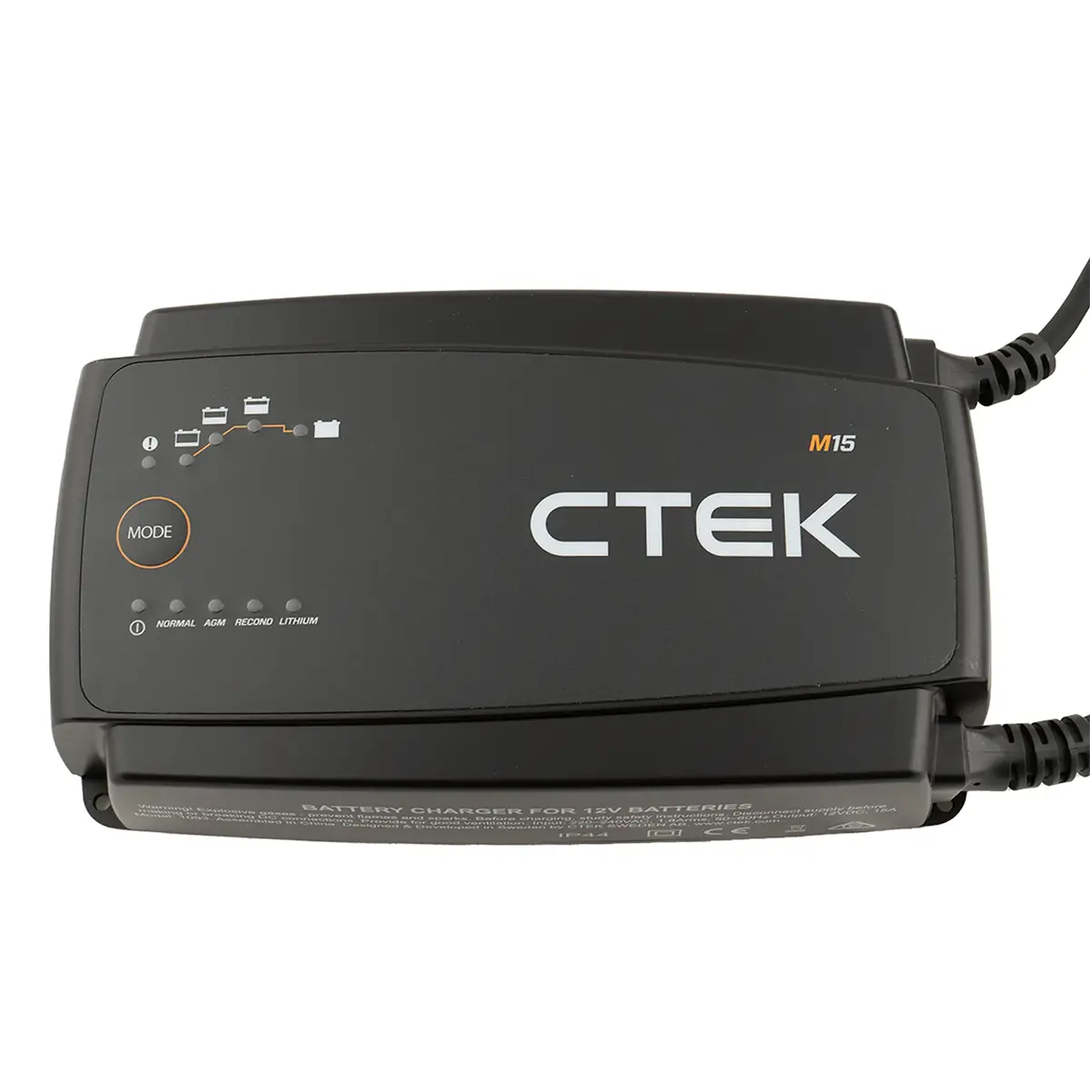 Draufsicht auf das CTEK M15 Batterieladegerät – schwarz von CTEK mit Tasten und Kontrollleuchten – ideal als Ladegerät für Bootsbesitzer mit 12-V-Lithium-Batterien.