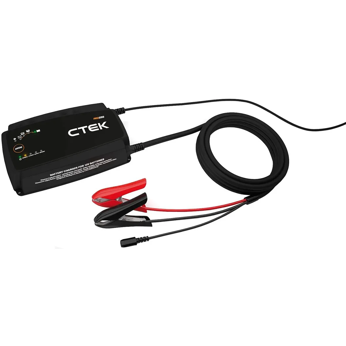 Das CTEK PRO25S Batterieladegerät – schwarz von CTEK ist mit schwarzen und roten Klemmen sowie einem langen, fest angeschlossenen Kabel ausgestattet – ideal für den Einsatz in jeder professionellen Werkstatt.