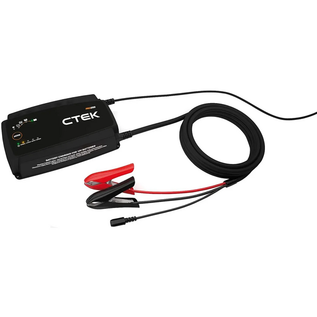 Das CTEK PRO25S Batterieladegerät – schwarz von CTEK ist mit schwarzen und roten Klemmen sowie einem langen, fest angeschlossenen Kabel ausgestattet – ideal für den Einsatz in jeder professionellen Werkstatt.