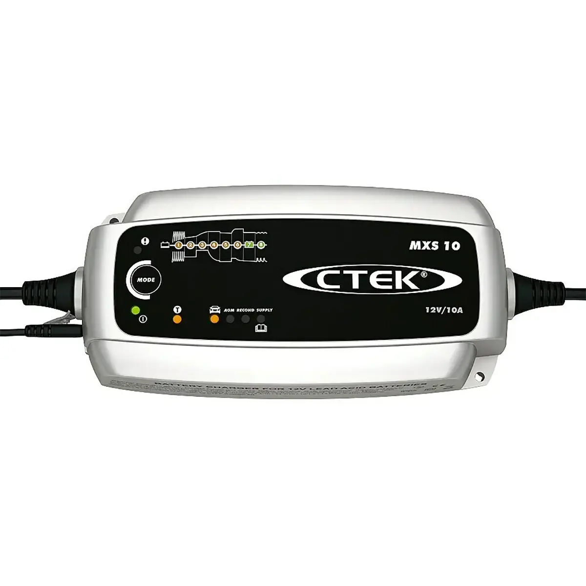 Das CTEK MXS 10 Batterieladegerät - silber von CTEK verfügt über Kontrollleuchten, Kabel an beiden Seiten und ein elegantes schwarz-silbernes Design - ideal für die Batteriewartung.
