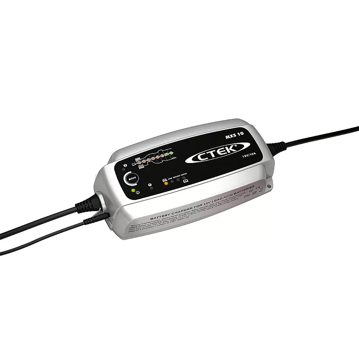Das CTEK MXS 10 Batterieladegerät - silber, ein 12-Volt-Autobatterieladegerät von CTEK zum Laden und Warten, mit angeschlossenen Kabeln, ist vor einem weißen Hintergrund abgebildet.