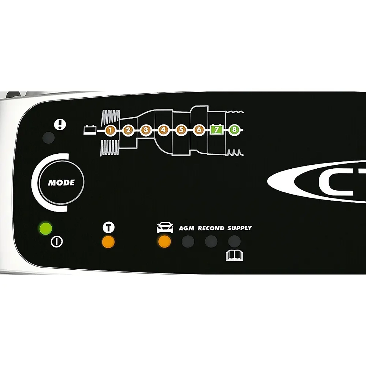 Nahaufnahme der Anzeigetafel des CTEK MXS 10 Batterieladegerätes mit Modus-Taste, Kontrollleuchten und den Ladestufen 1 bis 8 für eine effiziente Batteriewartung.