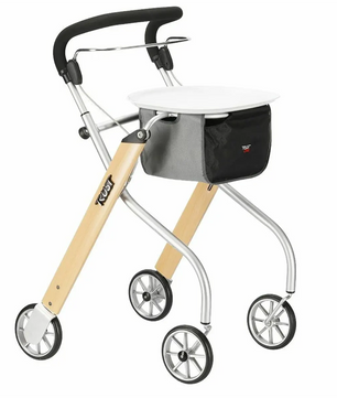 Der Trust Care Let's Go Rollator in Braun von Trust Care ist eine moderne, kompakte Gehhilfe mit vier Rädern, schwarzem Griff, grauer Tasche und kleinem weißen Tablett - ideal als Wohnraum-Rollator für den Innenbereich.