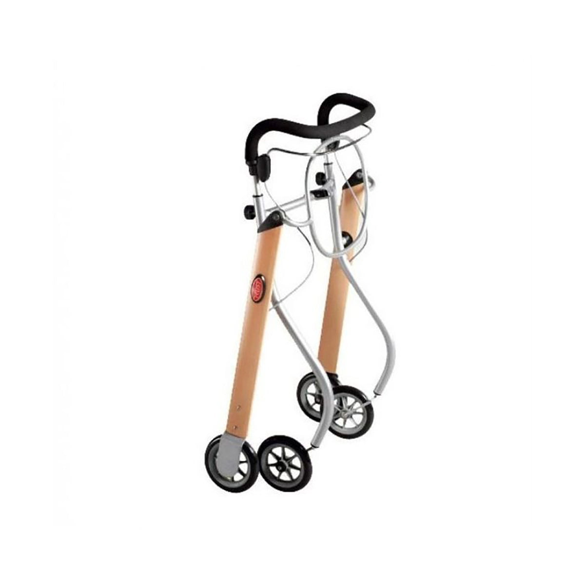 Der Trust Care Let's Go Rollator - braun ist eine kompakte Gehhilfe mit vier Rädern und Holzseitenteilen von Trust Care, die sicheren Stand bietet und ideal für den Innenbereich geeignet ist.