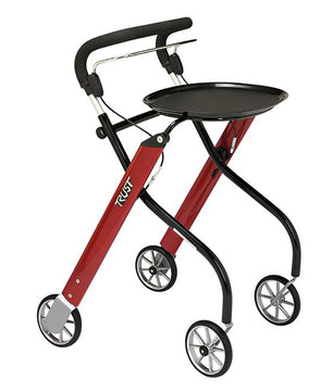Der Trust Care Let's Go Rollator in rot/grau ist ein kompakter Indoor-Rollator mit vier Rädern und einem runden Serviertablett, ideal als Gehhilfe für den Innenbereich.