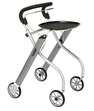 Der Trust Care Let's Go Rollator - silber von Trust Care verfügt über vier Räder, einen gepolsterten Lenker und ein abnehmbares schwarzes Tablett - ideal als kompakte Gehhilfe und perfekt als Wohnraum-Rollator für die leichte Mobilität im Haus.