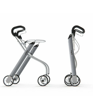 Zwei Trust Care Let's Go Rollator - silber von Trust Care, jeweils aufgeklappt und zusammengeklappt zur kompakten Aufbewahrung - ideal als kompakte Gehhilfe oder Wohnraum-Rollator für bequeme Mobilität im Haus.