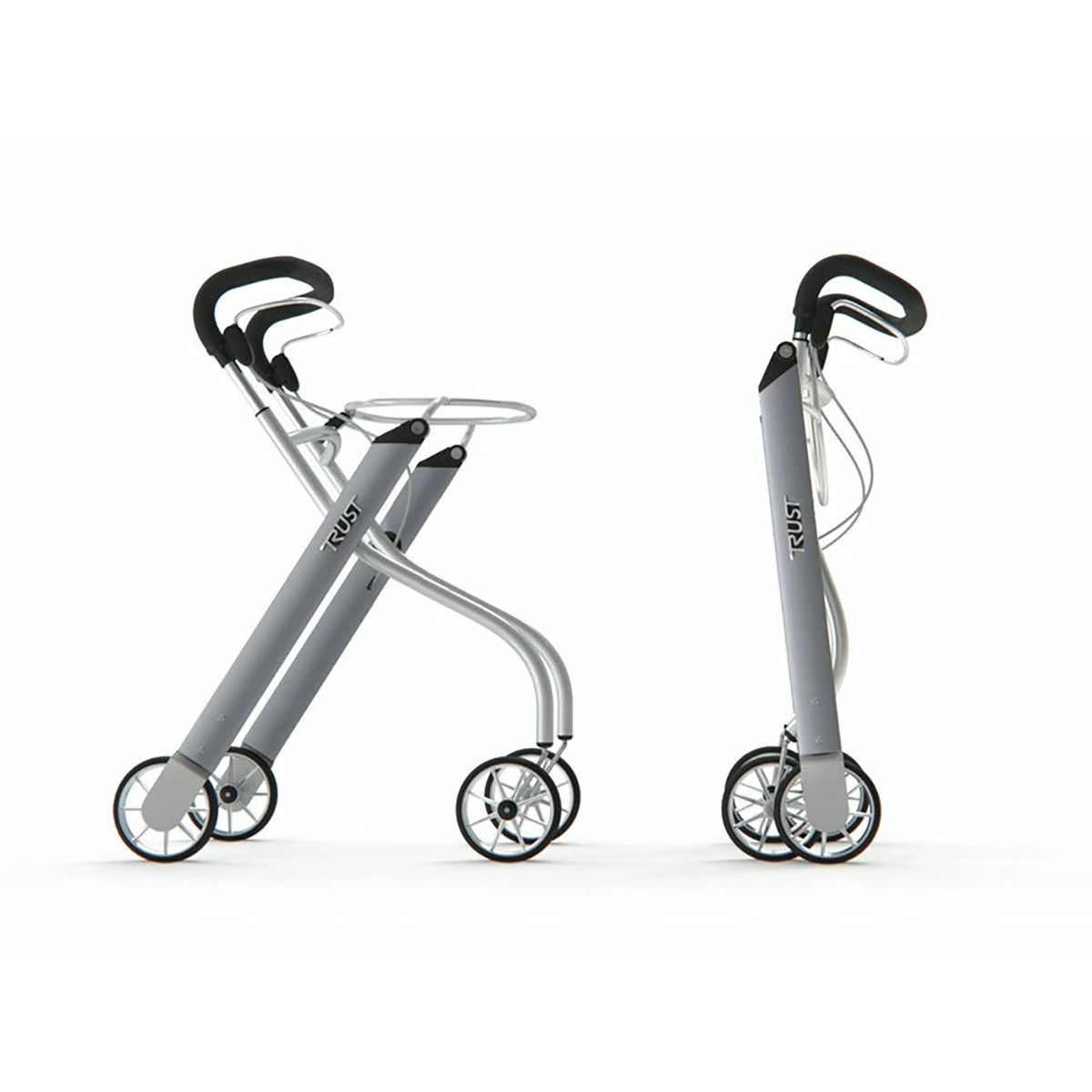 Zwei Trust Care Let's Go Rollator - silber von Trust Care, jeweils aufgeklappt und zusammengeklappt zur kompakten Aufbewahrung - ideal als kompakte Gehhilfe oder Wohnraum-Rollator für bequeme Mobilität im Haus.