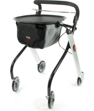 Der Trust Care Let's Go Rollator - schwarz von Trust Care ist ein schwarz-silberner, vierrädriger Rollator mit gepolstertem Griff und Fronttasche - die ideale kompakte Gehhilfe für den Innenbereich.