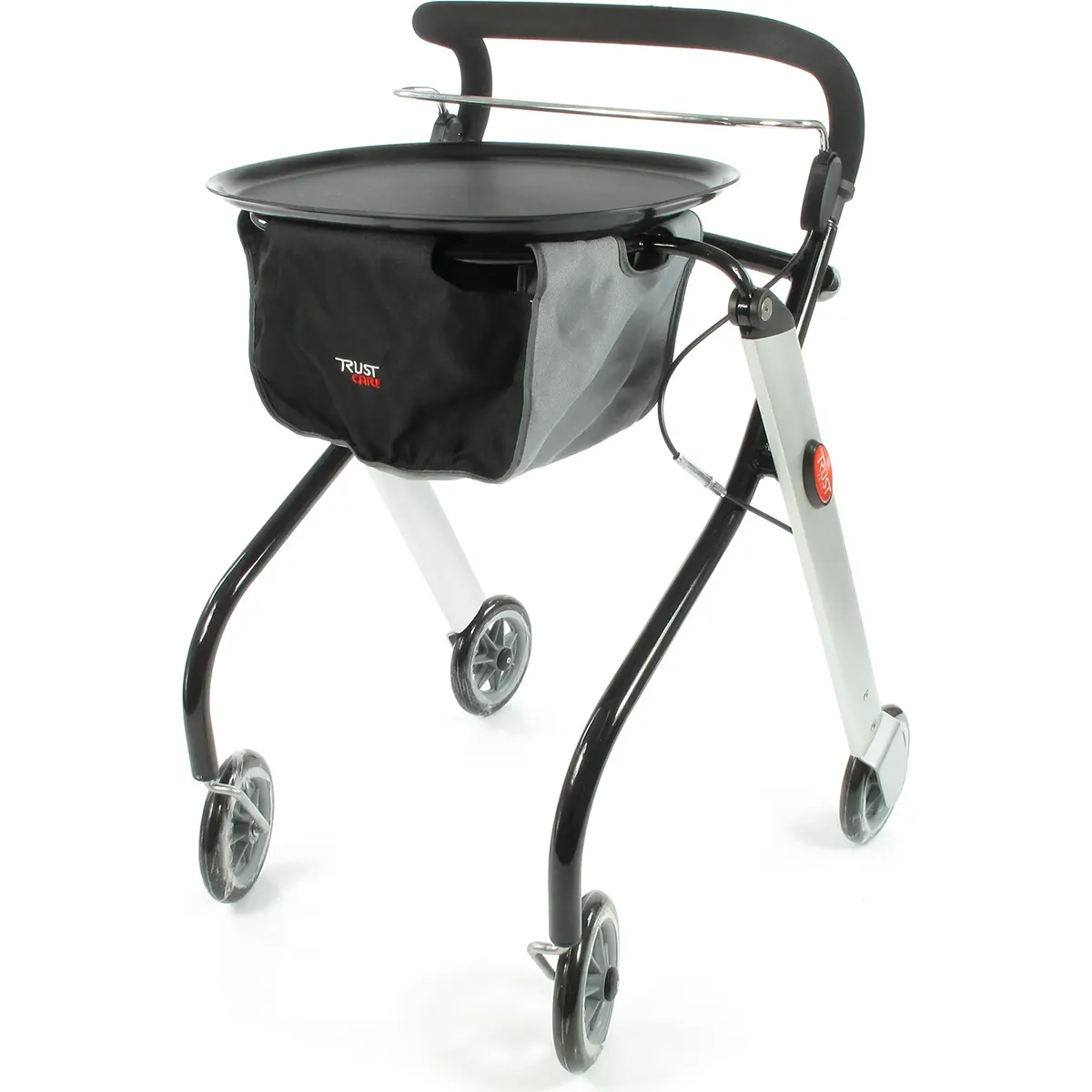 Der Trust Care Let's Go Rollator - schwarz von Trust Care ist ein schwarz-silberner, vierrädriger Rollator mit gepolstertem Griff und Fronttasche - die ideale kompakte Gehhilfe für den Innenbereich.