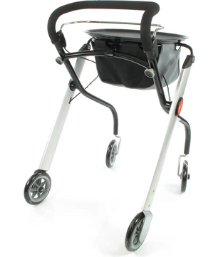 Der Trust Care Let's Go Rollator in Schwarz von Trust Care ist eine moderne, kompakte Gehhilfe für den Innenbereich mit vier Rädern und Aufbewahrungstasche.